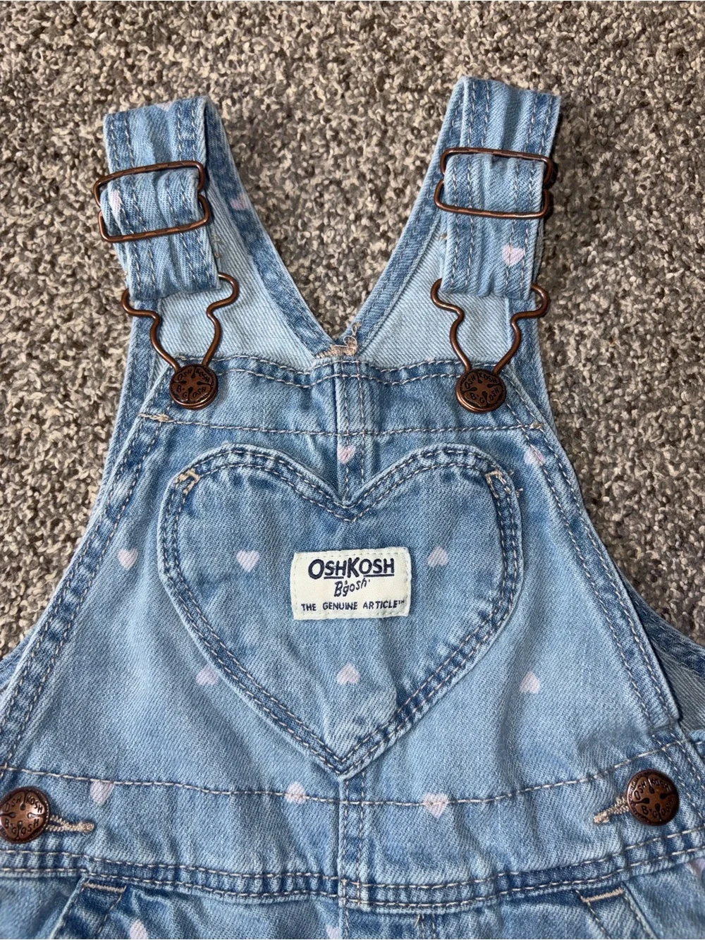 OshKosh B'gosh Light Blue Denim Overalls with Heart Pocket 12M Baby Jeans